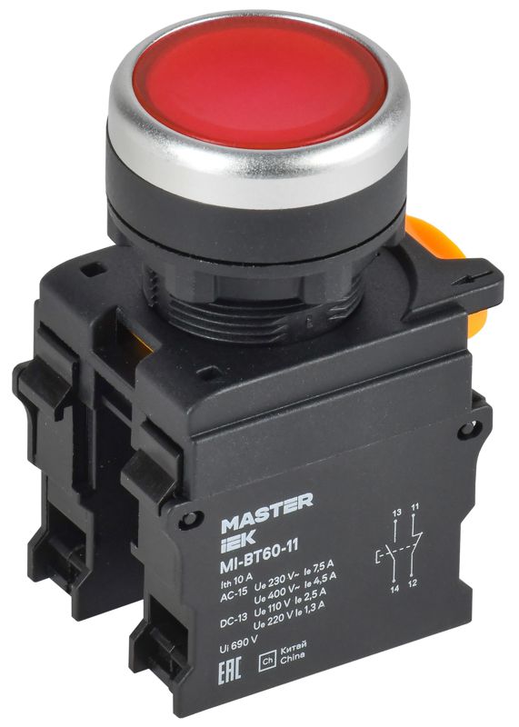 Кнопка d22мм 1НО+1НЗ MASTER красн. IEK MI-BT60-11-3-22-K04