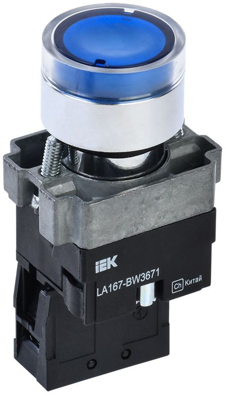 Кнопка LA167-BW3671 d22мм RC 1НО с подсветкой син. KARAT IEK BBT20-BW3671-1-12-67-K07