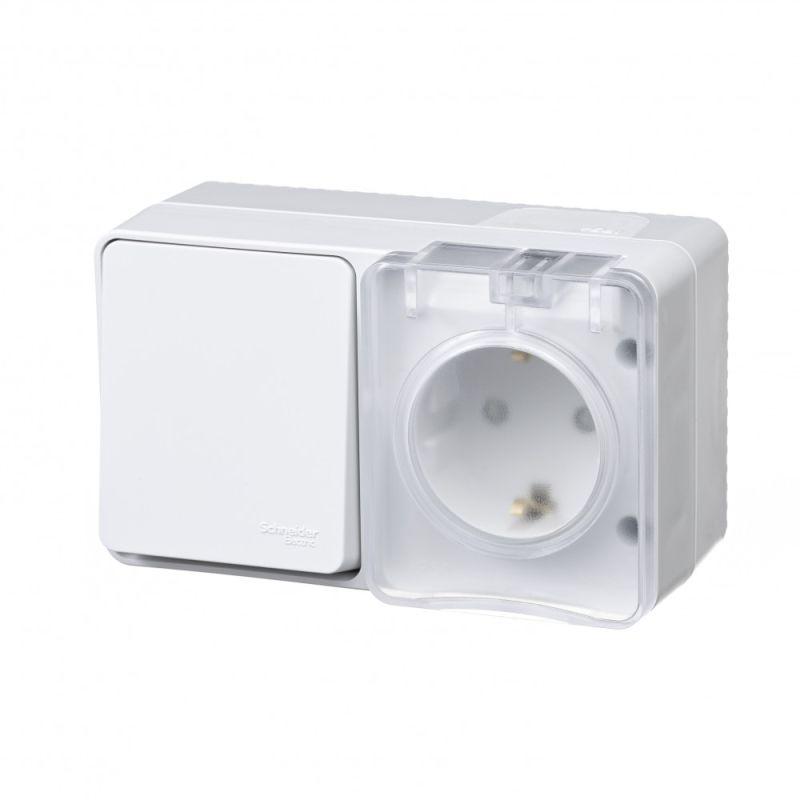 Блок ОП AtlasDesign PROFI IP54 (розетка 1-м 16А заземл. защ. шторки + 1-кл. выключатель 10А) бел. SE ATN540170