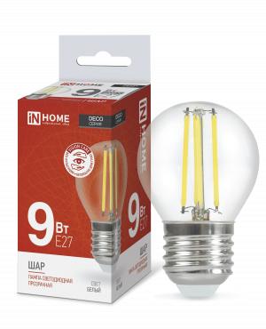 Лампа светодиодная LED-ШАР-deco 9Вт шар прозрачная 4000К нейтр. бел. E27 1040лм 230В IN HOME 4690612026282