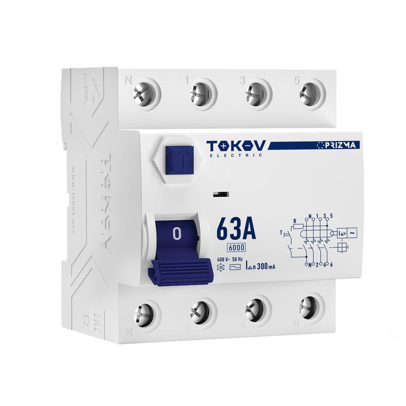 Выключатель дифференциального тока (УЗО) 4п (3P+N) 63А 300мА тип AC 6кА PRIZMA TOKOV ELECTRIC TKE-PZ60-RCDM-4-63-300-AC