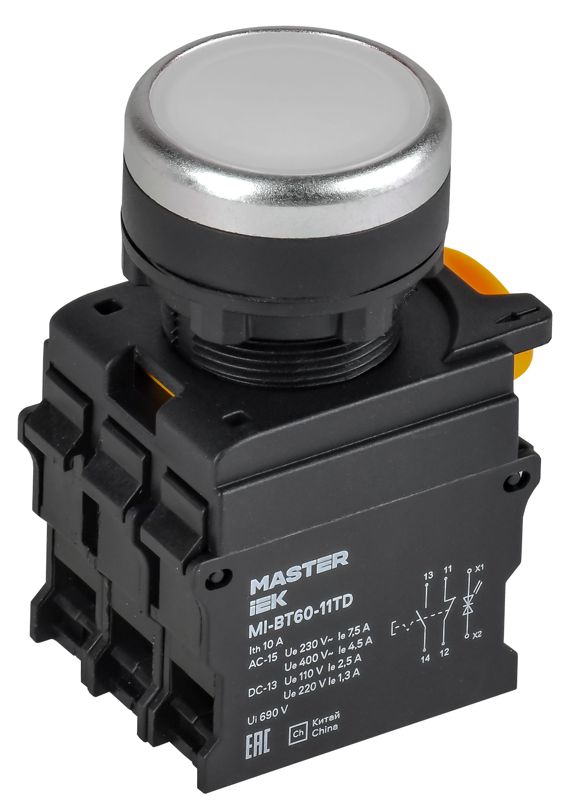 Кнопка d22мм 1НО+1НЗ MASTER с подсветкой и фиксацией бел. IEK MI-BT60-11TD-3-11-K01