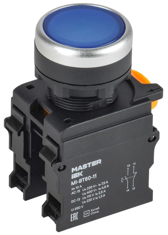 Кнопка d22мм 1НО+1НЗ MASTER син. IEK MI-BT60-11-3-22-K07