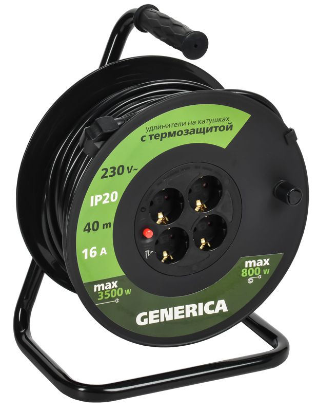 Удлинитель на катушке 4х40м 16А IP20 УК40 2P+PE 3х1.5 термозащита GENERICA WKP20-16-04-40-G