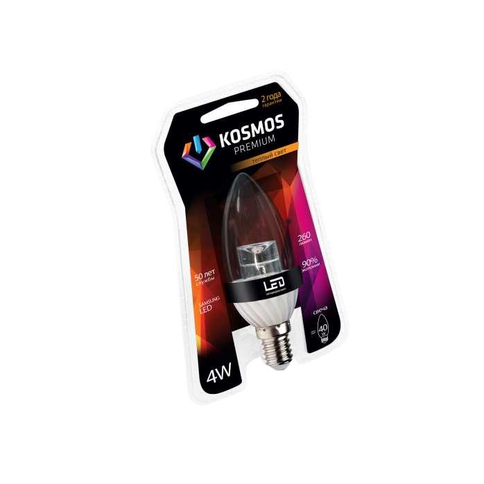 Лампа светодиодная KOSMOS premium 4Вт свеча прозрачная E14 230В 3000К Космос KLED4wCN230vE1427CL